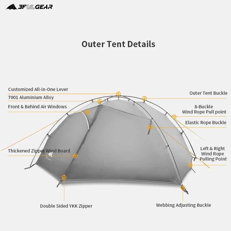 3F UL GEAR Tent 2 Persons Windproof and Rainproof Camping Tent 15D Silicone Ultralight Outdoor Hiking Travel Tent with Free Mat